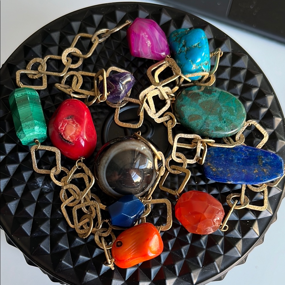 Vintage Estate Genuine Colorful Gemstones Turquoise Necklace With Gold Links 28